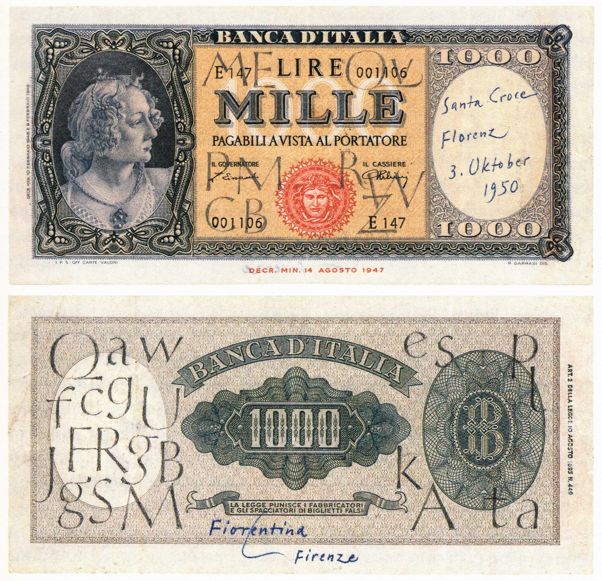 Hermann Zapf's original pencil sketches of Optima on an Italian Banknote.